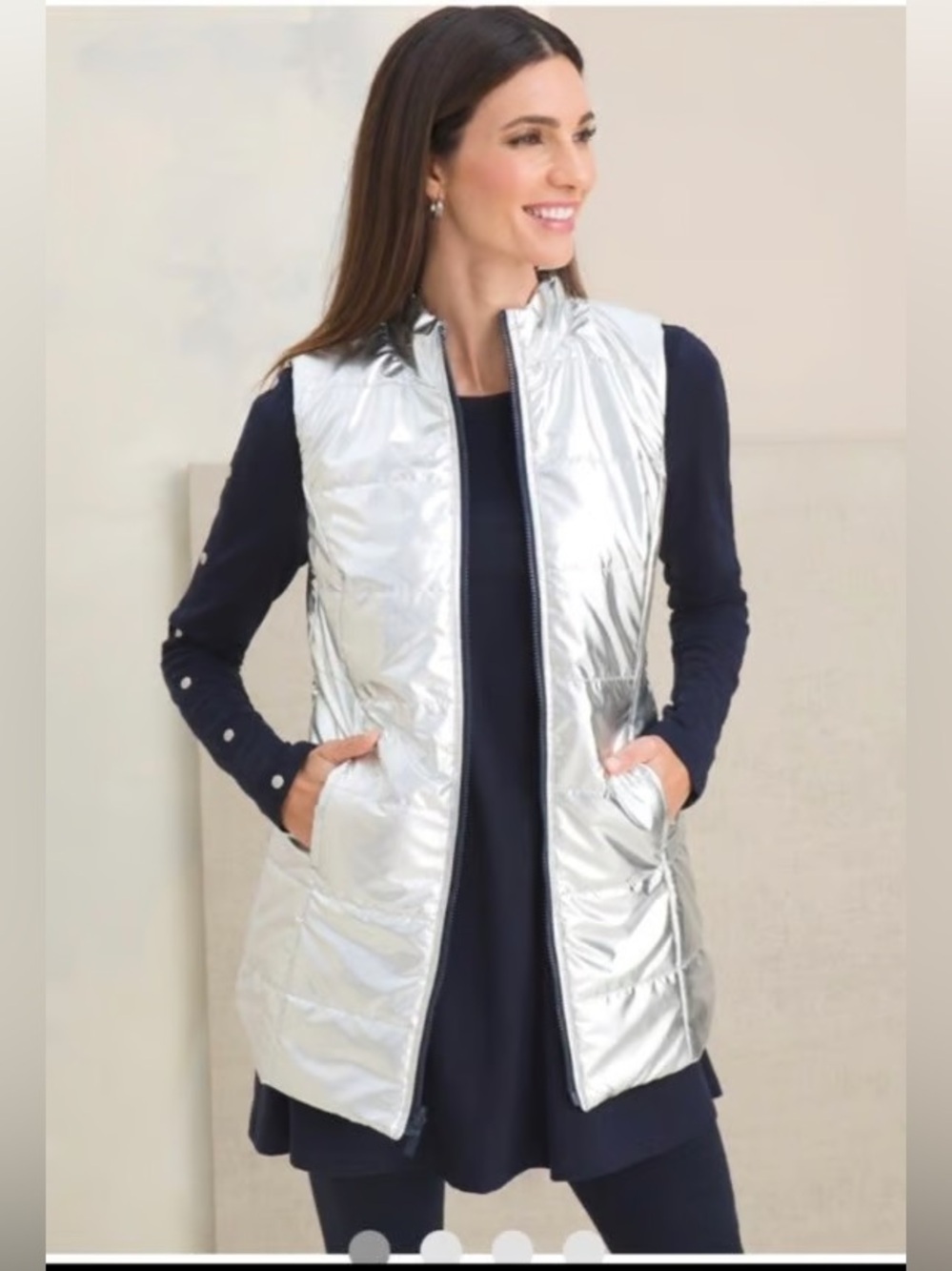 Chico's Silver Double Sided Reversible Metallic Quilted Puffer Vest